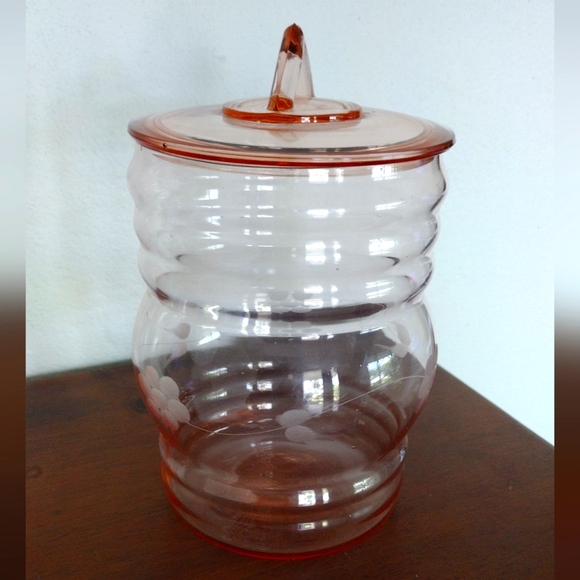 VERY RARE ANTIQUE Cookie Biscuit Jar Pink Dunbar Glass Etched Flower Design - Picture 2 of 12
